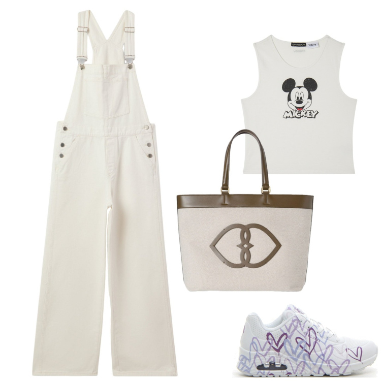 Outfit donna - Bianco sporco. Stile Trendy per Tutti i giorni. Abbinamento con salopette, canottiere, sneakers, shopping bag.