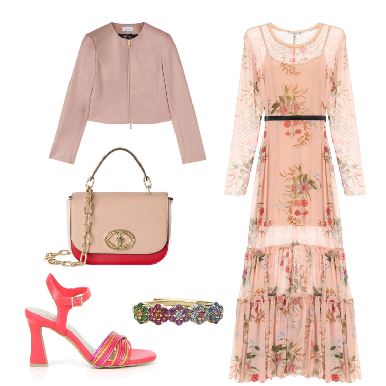 Outfit donna - Incanto floreale al tramonto. Stile Romantica per Serata fuori. Abbinamento con anelli, vestiti lunghi, sandali col tacco, blazer, borse a tracolla.