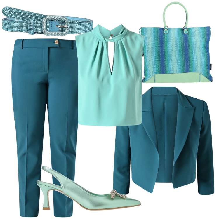 Outfit donna - Sfumature. Stile Casual chic per Ufficio. Abbinamento con décolleté, borse a mano, cinture, top, pantaloni, blazer.