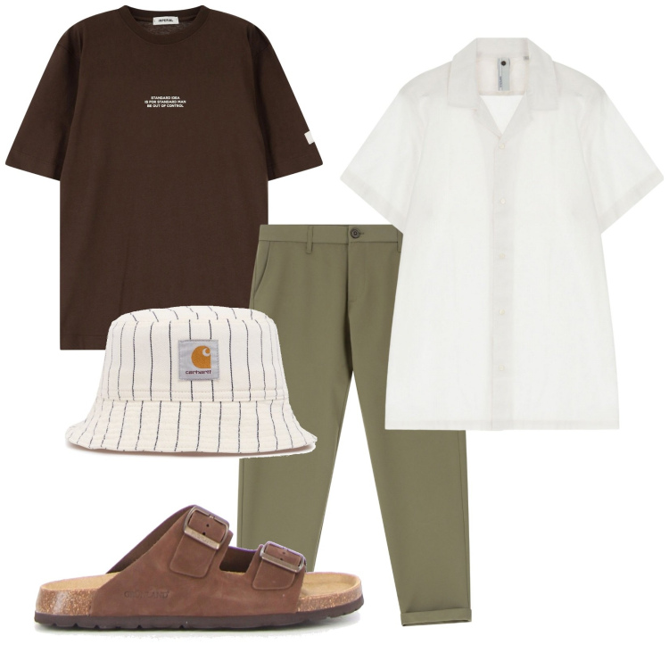 Outfit uomo - Mediterraneo. Stile Trendy per Tutti i giorni. Abbinamento con pantaloni chino, t-shirt, camicie a manica corta, cappelli, sandali.