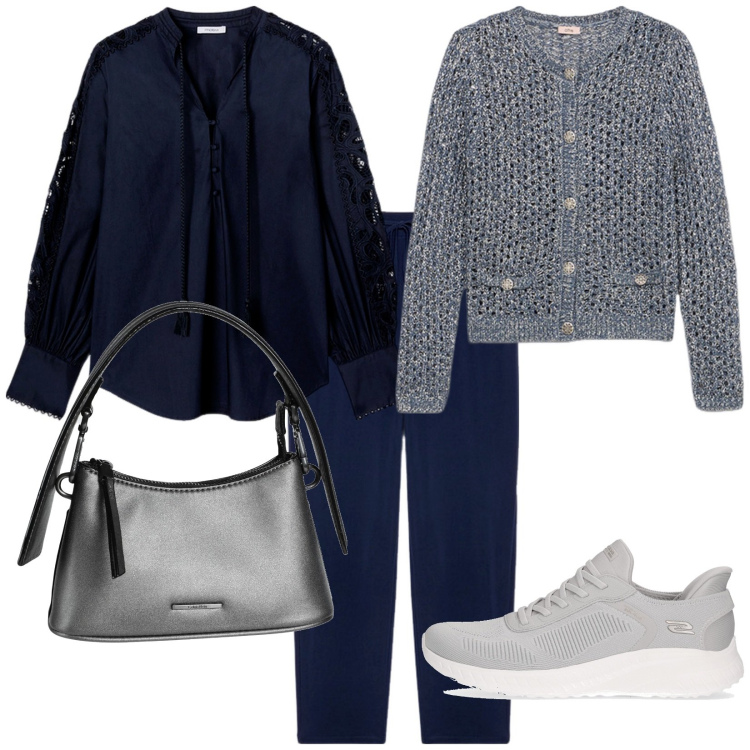 Outfit donna - In città. Stile Casual chic per Ufficio. Abbinamento con borse a mano, pantaloni, cardigans, bluse, sneakers.