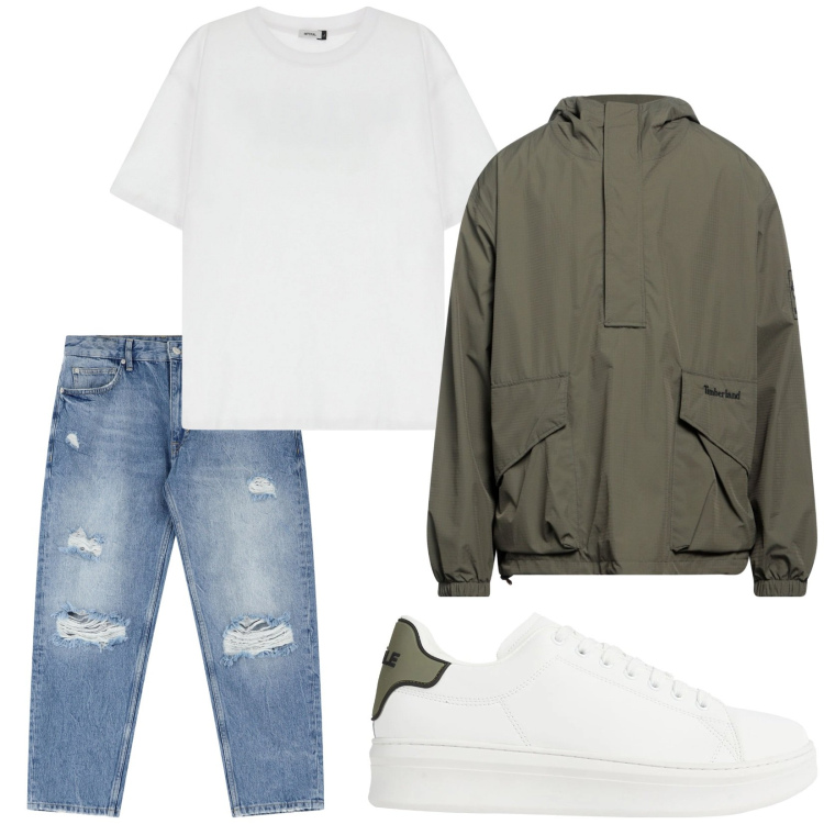 Outfit uomo - Una passeggiata. Stile Urban per Tutti i giorni. Abbinamento con giacche, sneakers, jeans strappati, t-shirt.