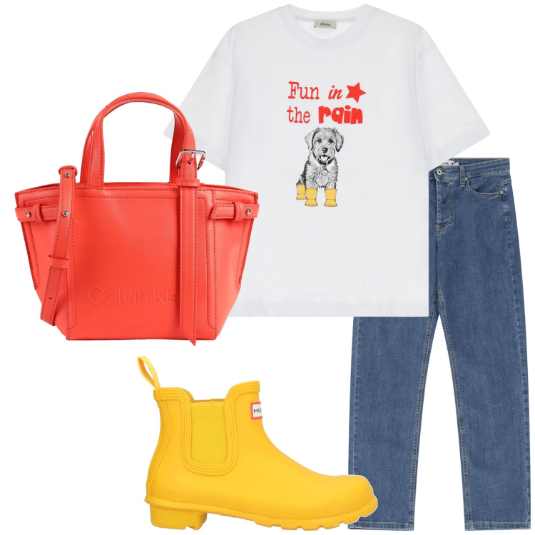 Outfit donna - Total look #2172427. Stile Urban per Tutti i giorni. Abbinamento con stivaletti, borse a mano, jeans dritti, t-shirt.