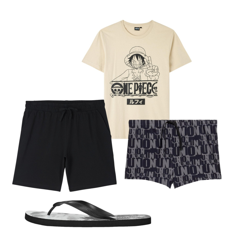 Outfit uomo - Mare. Stile Casual per Mare. Abbinamento con costumi, sandali, t-shirt, pantaloni corti.
