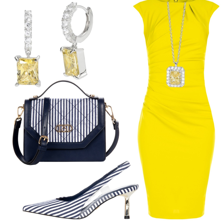 Outfit donna - Giallo sole. Stile Bon Ton per Tutti i giorni. Abbinamento con borse a mano, vestiti a tubino, décolleté, orecchini, collane.