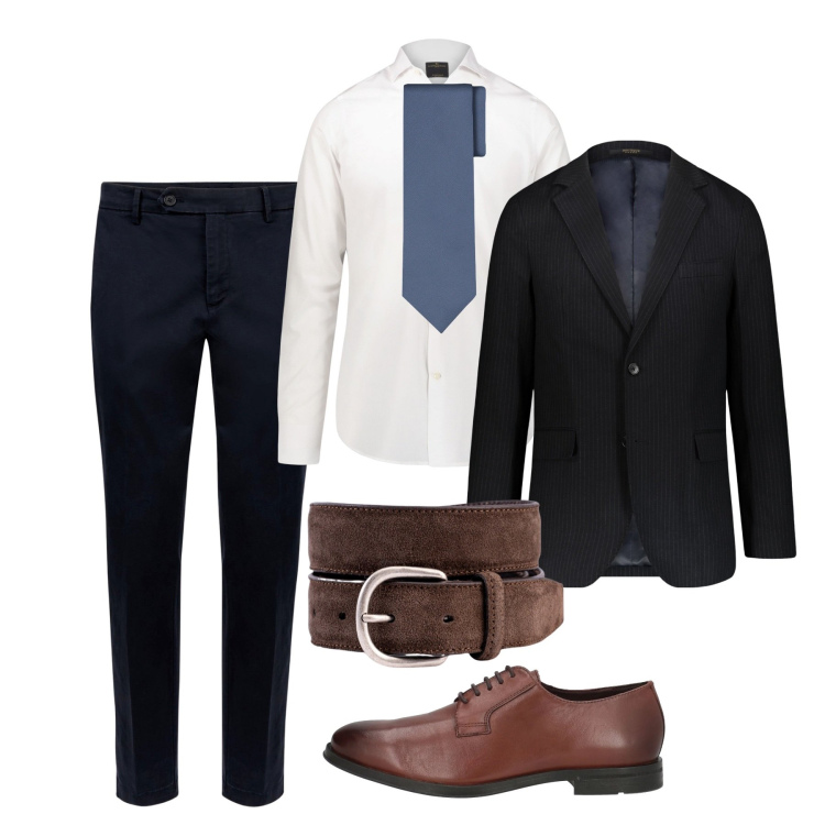 Outfit uomo - Riunione di lavoro. Stile Business/Elegante per Ufficio. Abbinamento con scarpe stringate, camicie, giacche, cinture, pantaloni chino, cravatte.