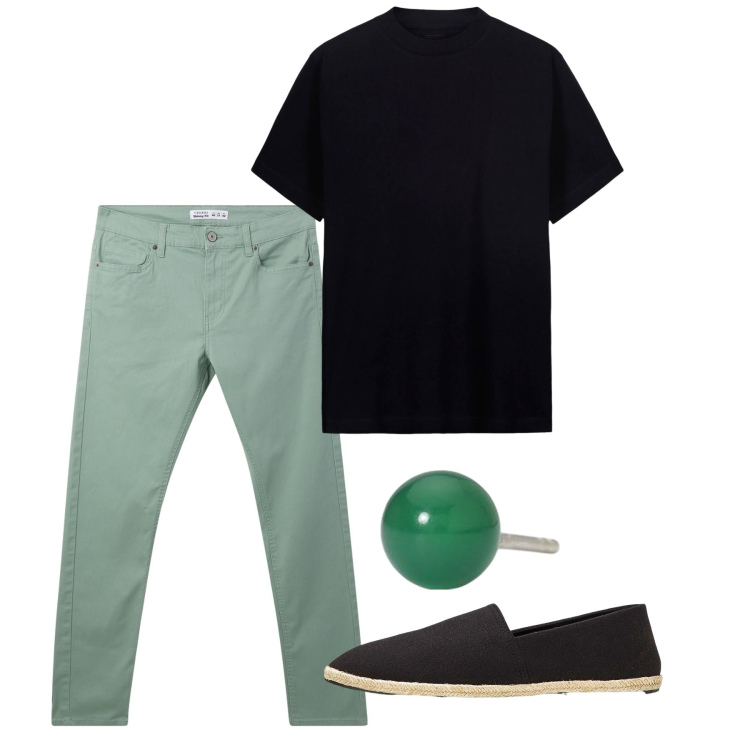 Outfit uomo - Salvia e nero. Stile Casual per Tutti i giorni. Abbinamento con espadrillas, pantaloni skinny, orecchini, t-shirt.