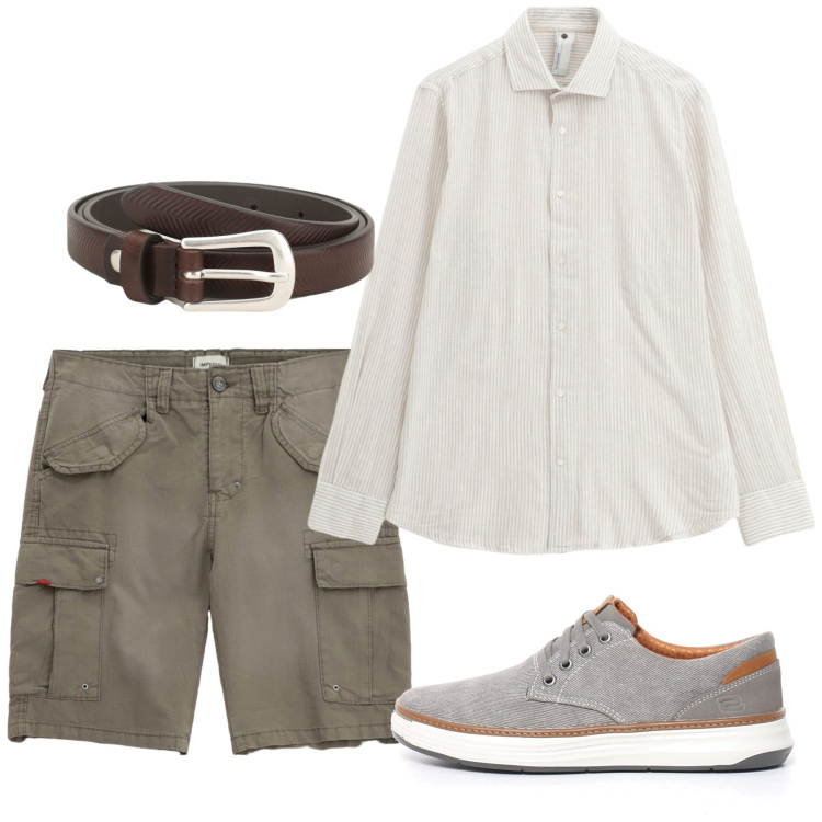 Outfit uomo - Kaki e bianco. Stile Casual per Tutti i giorni. Abbinamento con bermuda, cinture, camicie, sneakers.