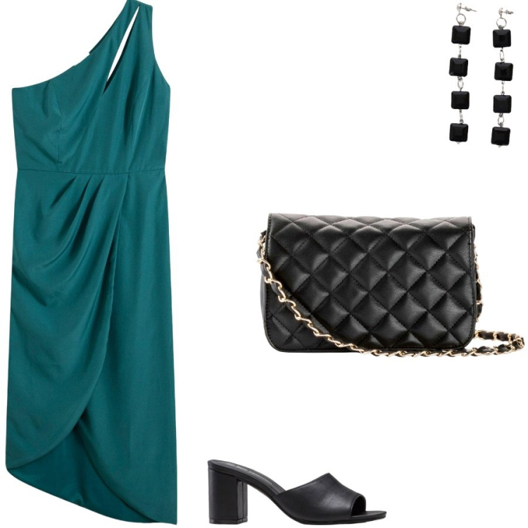 Outfit donna - Elegant on budget. Stile Glamour per Serata fuori. Abbinamento con vestiti, ciabatte, borse a tracolla, orecchini.