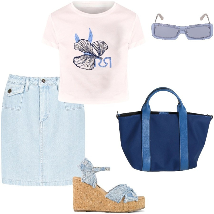 Outfit donna - La mini in jeans. Stile Casual per Tutti i giorni. Abbinamento con borse a mano, minigonne, t-shirt, zeppe, occhiali da sole.