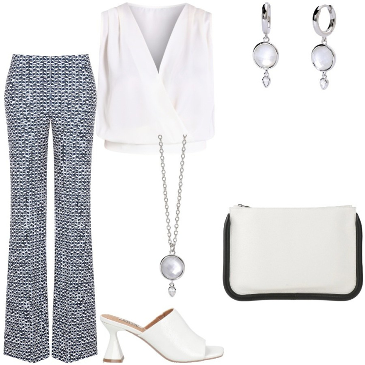 Outfit donna - Rinascimento. Stile Chic per Serata fuori. Abbinamento con sandali in pelle, borse a mano, orecchini, collane, pantaloni, top.