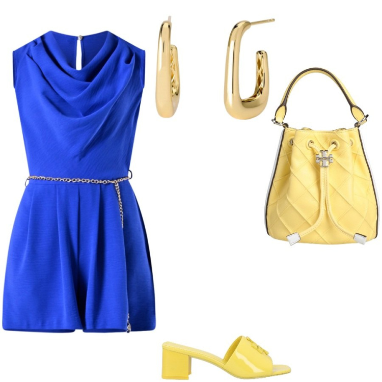 Outfit donna - The yellow bag. Stile Glamour per Tutti i giorni. Abbinamento con borse a secchiello, sandali in pelle, orecchini, tuta corta.