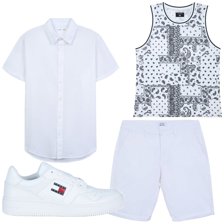 Outfit uomo - Bianco a fantasia. Stile Casual per Tutti i giorni. Abbinamento con sneakers, bermuda, camicie a manica corta, canottiere.