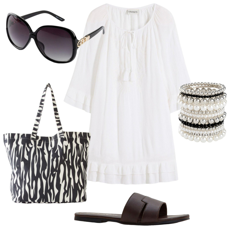 Outfit donna - Summer romance. Stile Boho per Mare. Abbinamento con braccialetti, occhiali da sole, vestiti, shopping bag, ciabatte.