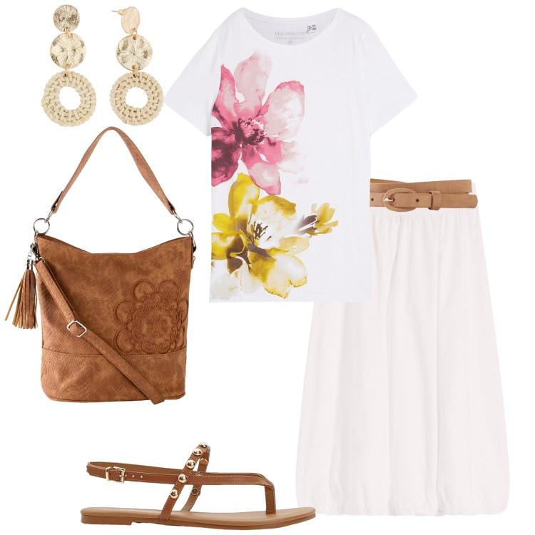 Outfit donna - Summer romance. Stile Romantica per Tutti i giorni. Abbinamento con gonne, borse a mano, orecchini, t-shirt, cinture, ciabatte.
