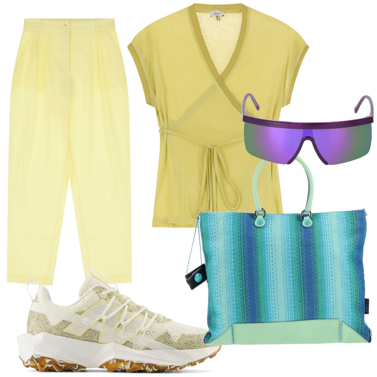 Outfit donna - Vita super colorata. Stile Casual chic per Tutti i giorni. Abbinamento con borse a mano, sneakers, pantaloni, top, occhiali da sole.
