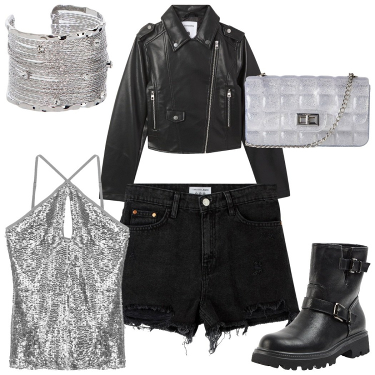 Outfit donna - Stasera rock. Stile Rock per Serata fuori. Abbinamento con shorts, giacche, borse a tracolla, stivaletti, top, braccialetti.