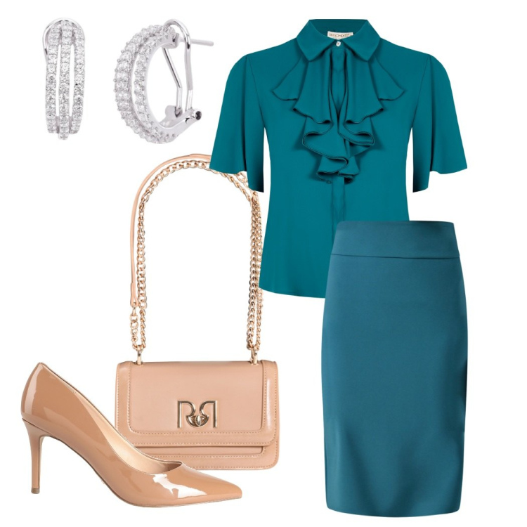Outfit donna - Rouches -Total look petrolio. Stile Romantica per Cerimonia. Abbinamento con décolleté, orecchini, gonne, bluse, borse a tracolla.