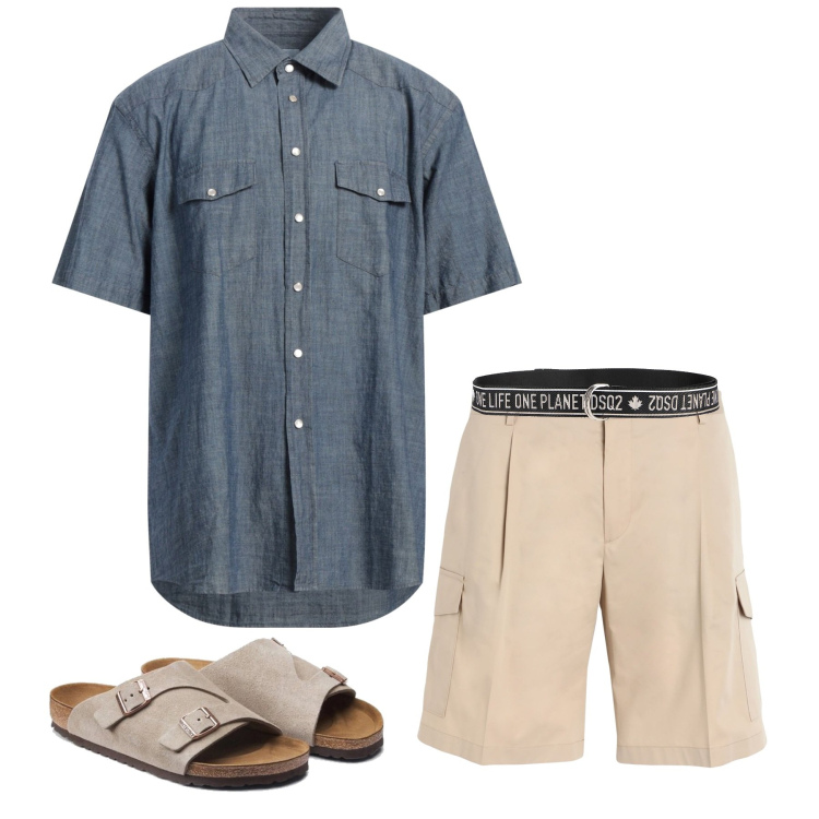 Outfit hombre - Casual #9419. Estilo Casual para Mar. Combinación con camisas de manga corta, bermudas, sandalias, cinturones.