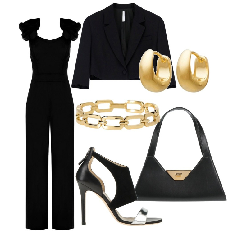 Outfit donna - Rouches di sera- Total look black. Stile Chic per Serata fuori. Abbinamento con orecchini, borse a mano, sandali in pelle, tute, braccialetti, blazer.