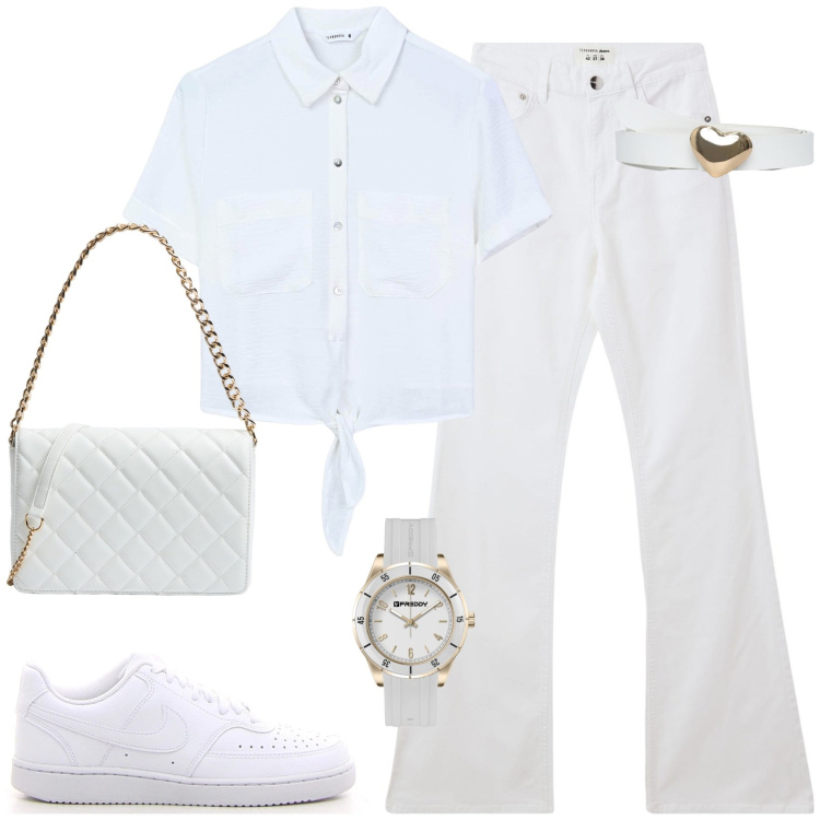Outfit donna - Total white. Stile Casual per Tutti i giorni. Abbinamento con cinture, jeans a zampa, camicie a manica corta, borse a tracolla, orologi, sneakers.