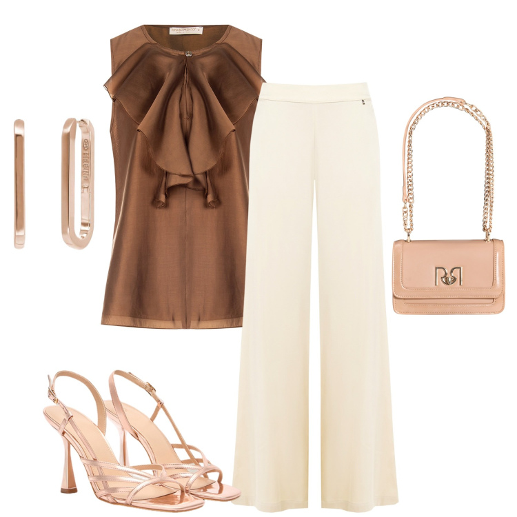 Outfit donna - Aperitivo al tramonto. Stile Glamour per Serata fuori. Abbinamento con orecchini, bluse, pantaloni a palazzo, borse a tracolla, sandali col tacco.