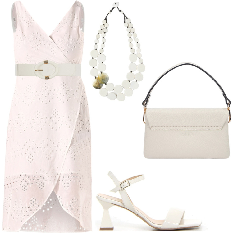 Outfit donna - Aperitivo in total look white. Stile Casual chic per Serata fuori. Abbinamento con cinture, vestiti a tubino, sandali col tacco, ciondoli, borse a tracolla.