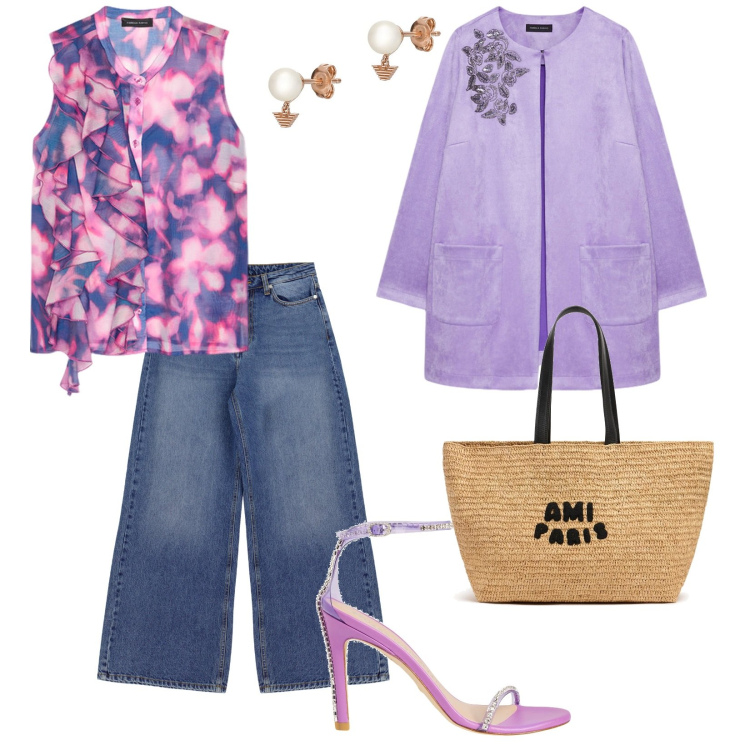 Outfit donna - Aperitivo dopo lavoro. per Serata fuori. Abbinamento con sandali col tacco, orecchini, jeans a zampa, trench, top, borse tote.