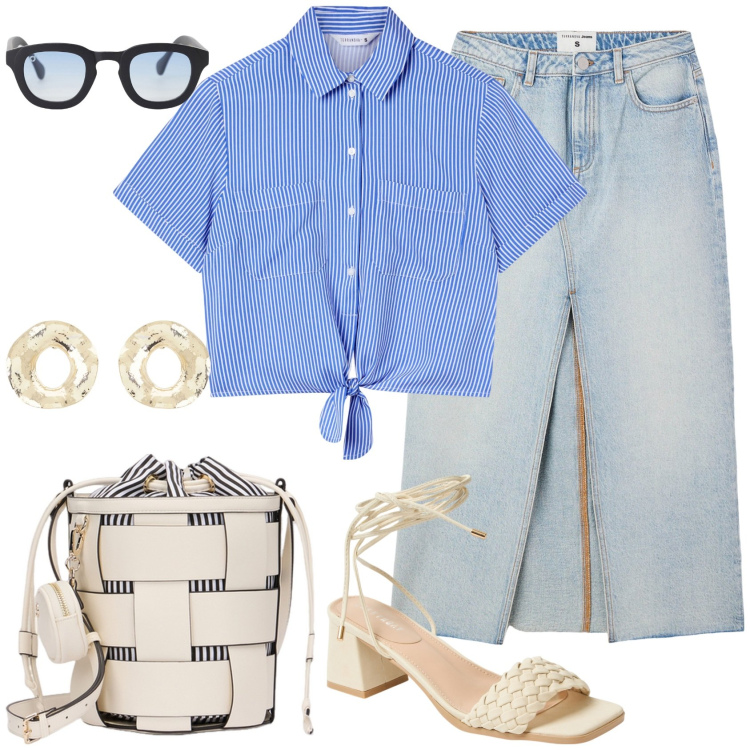 Outfit donna - Passeggiata. Stile Casual chic per Tutti i giorni. Abbinamento con gonne lunghe, sandali alla schiava, camicie a manica corta, occhiali da sole, orecchini, borse a secchiello.