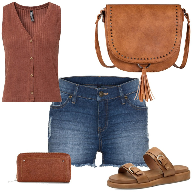 Outfit femme - Casual #6175. Style Casual pour Tous les jours. Assortir avec hauts, short, porte-monnaie, sacs en bandoulière, sandales.