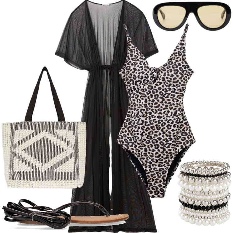 Outfit donna - Villasimius. Stile Etnico per Mare. Abbinamento con braccialetti, costumi interi, caftani, occhiali da sole, shopping bag, sandali alla schiava.