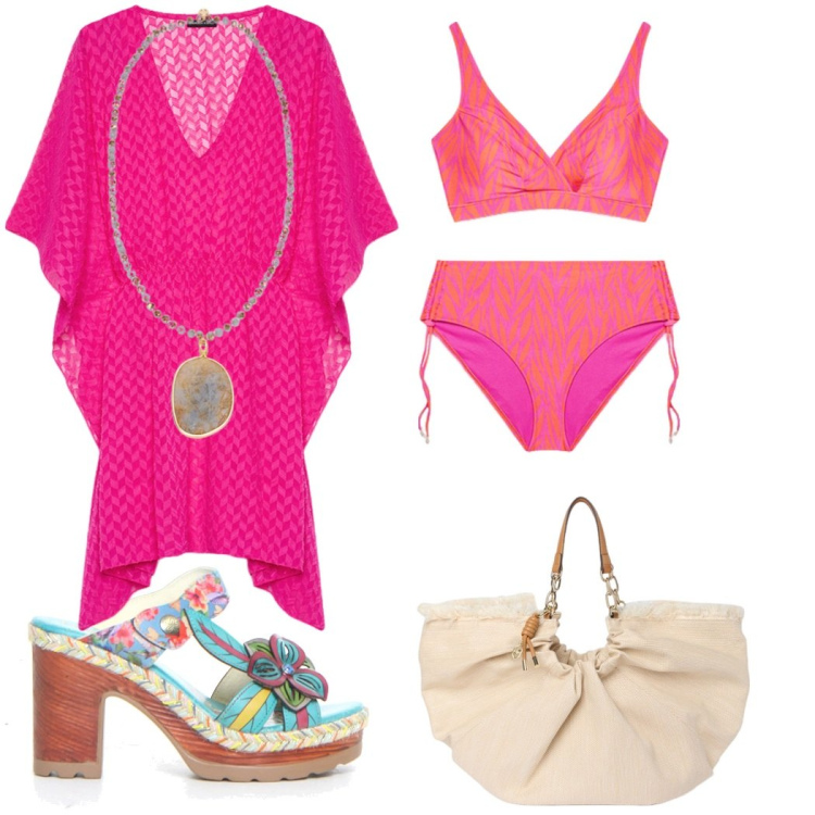 Outfit donna - Costa Rej. Stile Glamour per Mare. Abbinamento con ciabatte, caftani, bikini, borse a mano, ciondoli.