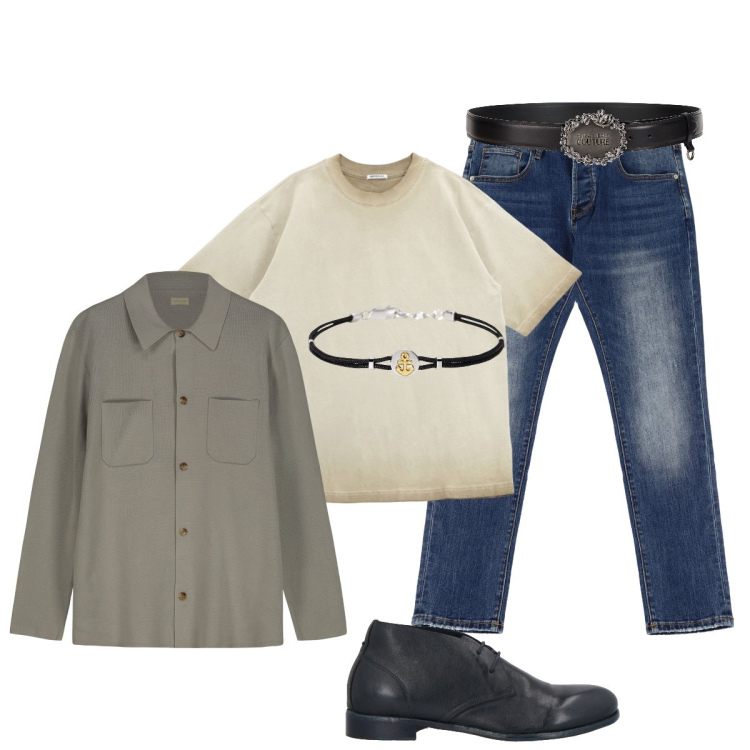 Outfit uomo - La cintura con la fibia importante. Stile Trendy per Tutti i giorni. Abbinamento con stivali e stivaletti, cinture, braccialetti, jeans dritti, t-shirt, cardigans.