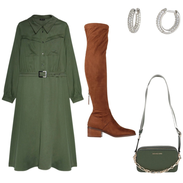 Outfit donna - Elegant, aber im Winter. Stile Military per Serata fuori. Abbinamento con borse a tracolla, stivali sopra il ginocchio, orecchini, vestiti lunghi.