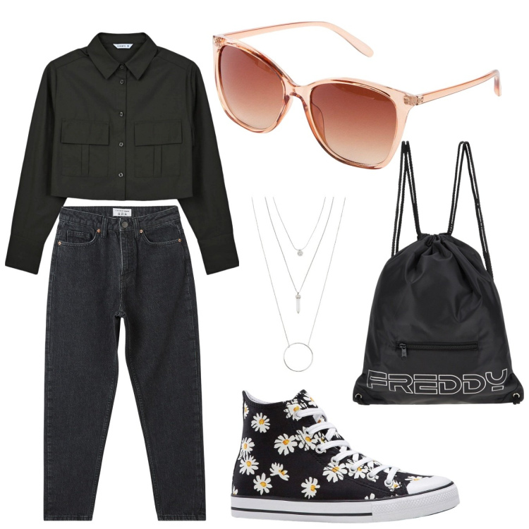 Outfit donna - Elfenstil. Stile Minimal per Tutti i giorni. look ideale per Tall. Abbinamento con sneakers alte, ciondoli, occhiali da sole, jeans mom, camicie, zaini.