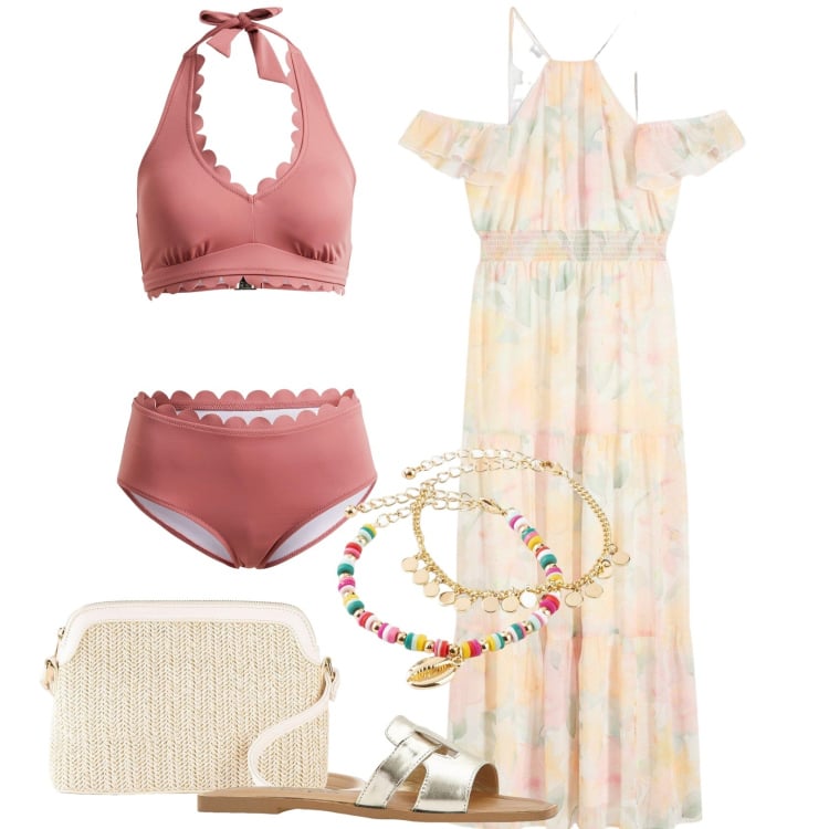Outfit donna - Summer romance. Stile Romantica per Mare. Abbinamento con vestiti lunghi, borse a tracolla, ciabatte, bikini, braccialetti con ciondoli.