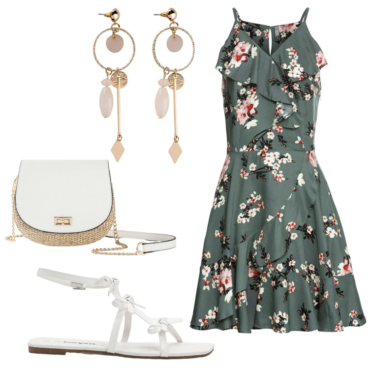 Outfit donna - Summer romance. Stile Romantica per Tutti i giorni. Abbinamento con vestiti, orecchini, sandali, borse a tracolla.