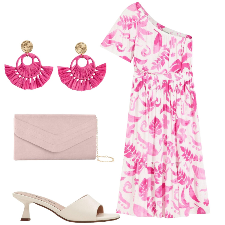 Outfit donna - Summer romance. Stile Romantica per Tutti i giorni. Abbinamento con orecchini, ciabatte, vestiti asimmetrici, pochette.