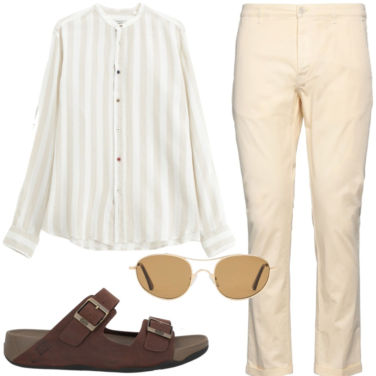 Outfit uomo - Total look #2172853. Stile Trendy per Tutti i giorni. Abbinamento con pantaloni chino, sandali, camicie, occhiali da sole.