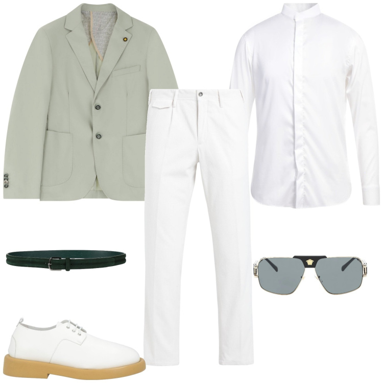 Outfit uomo - Cerimonia informale in White and Green. Stile Business/Elegante per Cerimonia. Abbinamento con pantaloni, scarpe stringate, camicie, cinture, occhiali da sole, giacche.