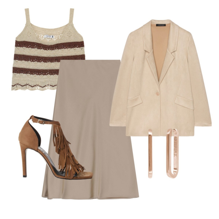 Outfit donna - outfit elegante stile moderno. Stile Romantica per Serata fuori. Abbinamento con orecchini, top, gonne longuette, décolleté, blazer.