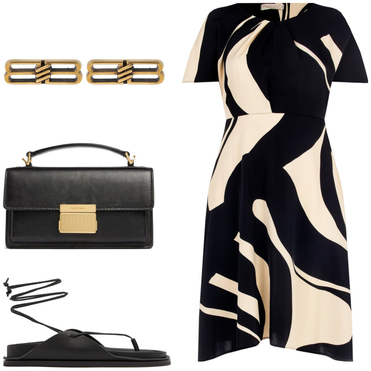 Outfit donna - Abito con sandolo basso. Stile Chic per Tutti i giorni. Abbinamento con vestiti corti, orecchini, borse a mano, sandali in pelle.