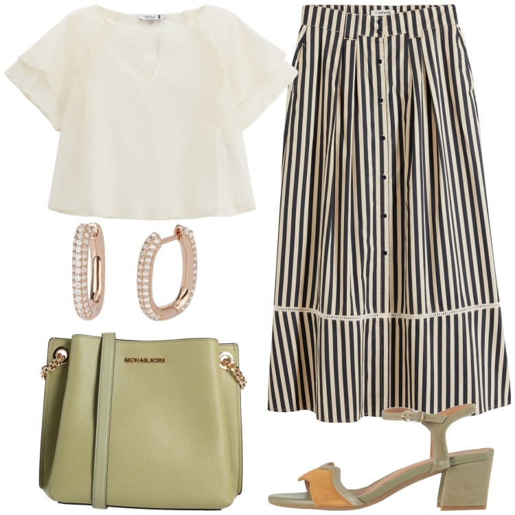 Outfit donna - Gonnellone a righe. Stile Casual chic per Tutti i giorni. Abbinamento con gonne lunghe, sandali in pelle, borse a spalla, orecchini, maglieria.