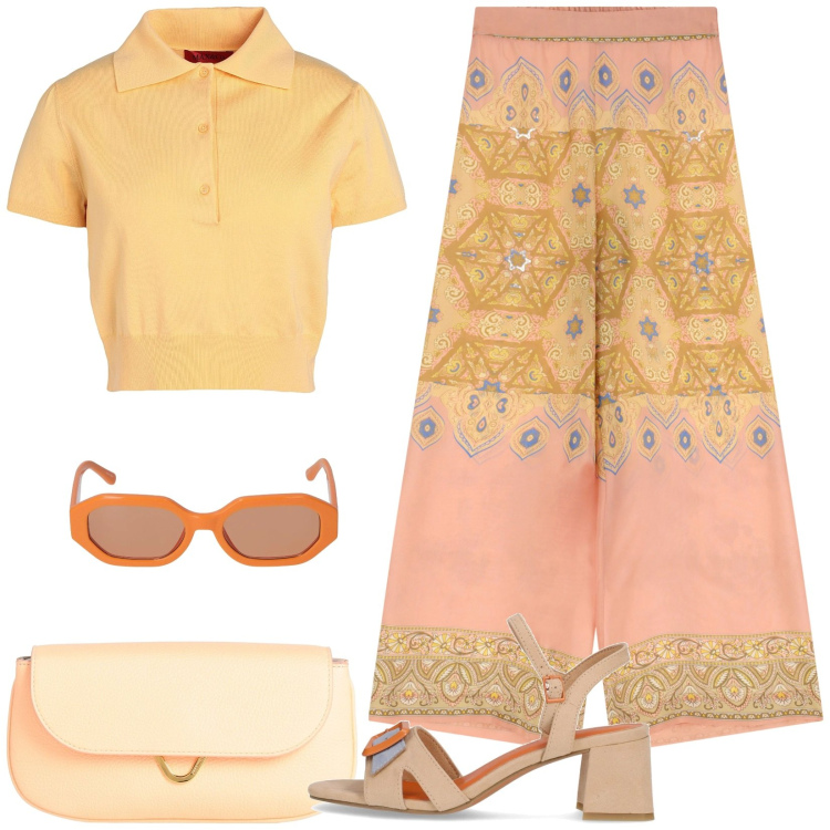 Outfit donna - Energia con stile. Stile Casual per Tutti i giorni. Abbinamento con pullovers, borse a mano, pantaloni, sandali col tacco, occhiali da sole.