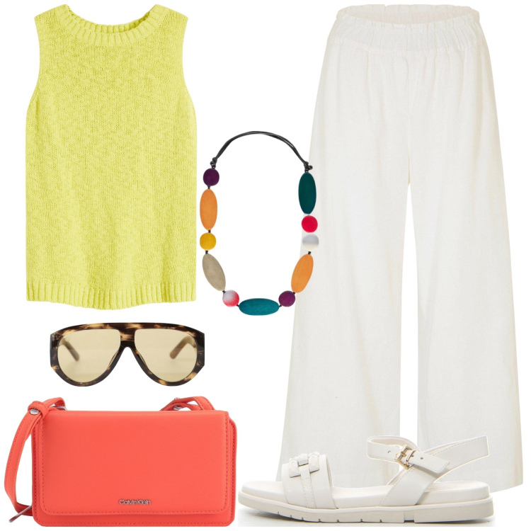 Outfit donna - Easy look. Stile Casual per Tutti i giorni. Abbinamento con pantaloni culotte, top, borse a tracolla, occhiali da sole, collane, sandali.