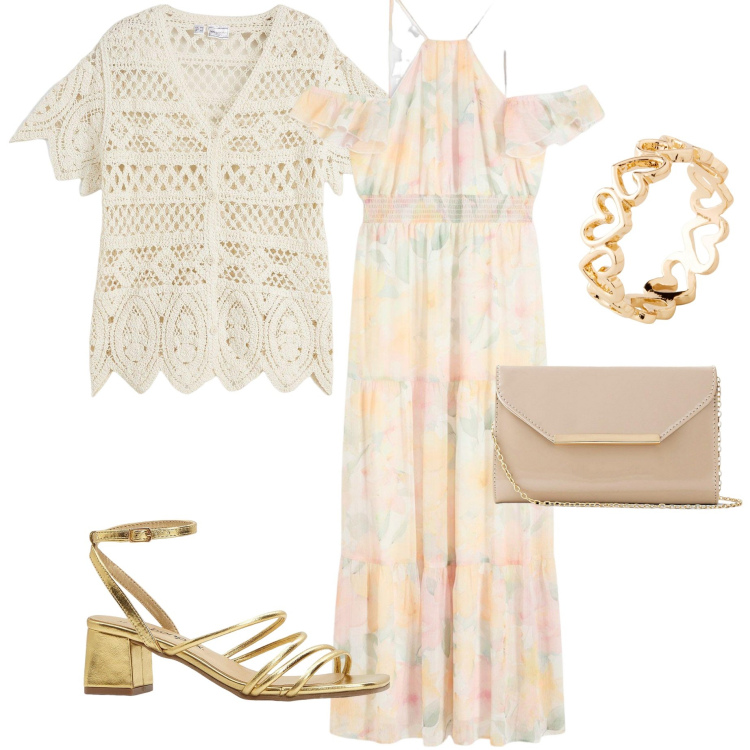 Outfit donna - Summer romance. Stile Romantica per Cerimonia. Abbinamento con vestiti lunghi, sandali col tacco, pochette, cardigans, anelli.