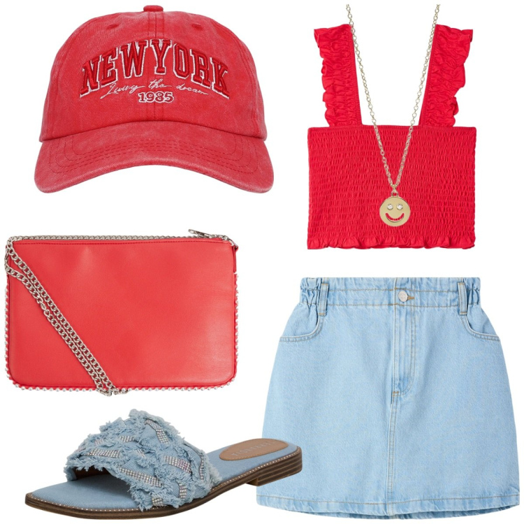 Outfit donna - Minimal Summer. Stile Trendy per Tutti i giorni. Abbinamento con borse a tracolla, top, minigonne, cappelli, ciabatte, collane.