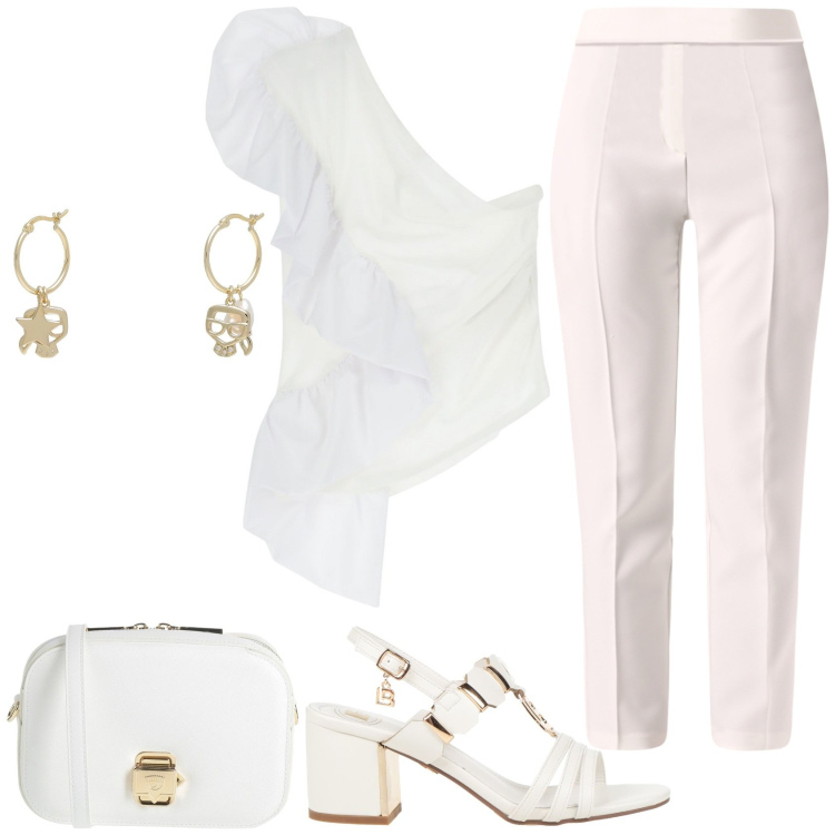 Outfit donna - Cerimonia in TOTAL WHITE!. Stile Chic per Cerimonia. Abbinamento con sandali col tacco, orecchini, borse a tracolla, pantaloni, top.