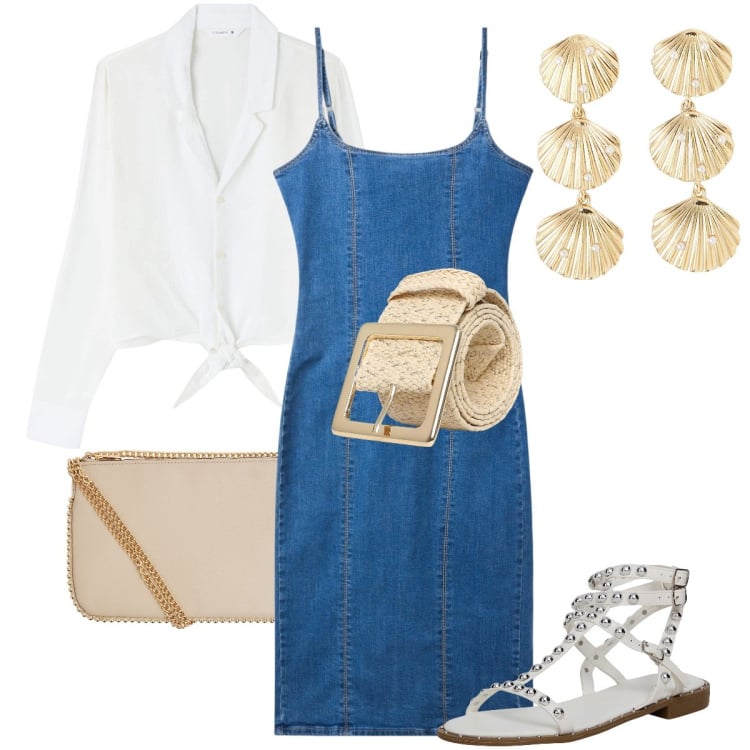 Outfit donna - Estate con Terranova. Stile Casual chic per Tutti i giorni. Abbinamento con cinture, orecchini, vestiti a tubino, camicie, sandali, borse a tracolla.