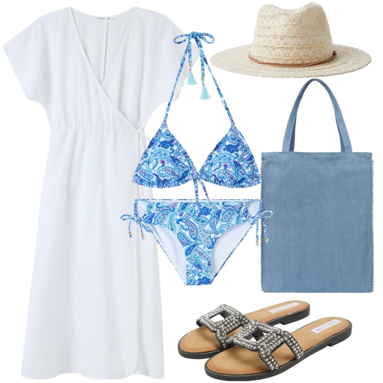 Outfit donna - Al mare con Terranova. Stile Bon Ton per Mare. Abbinamento con ciabatte, bikini, bikini, cappelli, borse tote, vestiti lunghi.